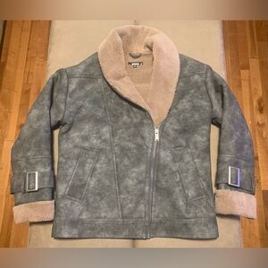 Missguided Womens Cloud Gray Faux Leather Fur Biker Aviator Jacket Coat Size 4
